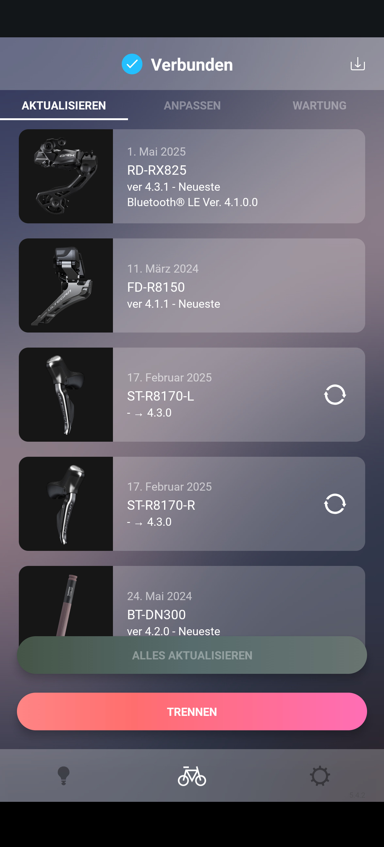 Screenshot of the e-Tube Project app after downgrading. The version number of the rear derailleur is correctly displayed as 4.3.1, but the shift levers’ version is blank