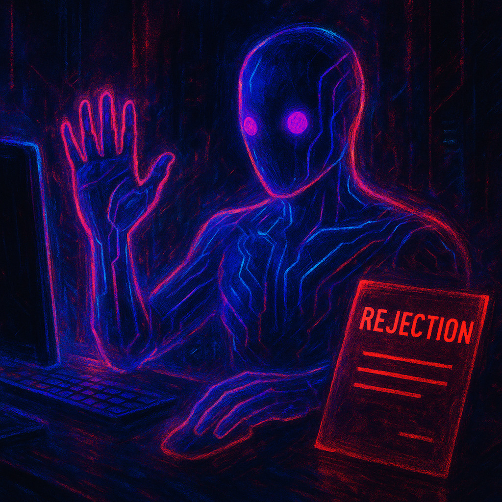 An AI-generated image in a cyberpunk style of an AI using its hands to reject me. The AI looks humanoid and is sitting in front of a computer.