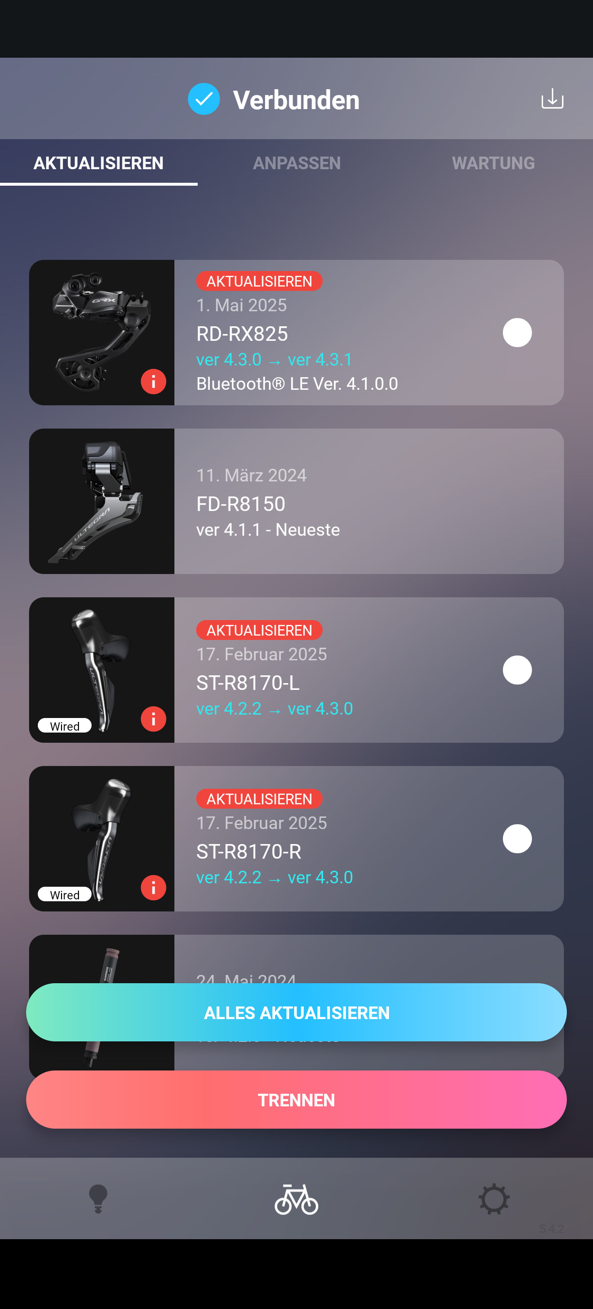 Screenshot of the e-Tube Project app with the old firmware with updated version numbers available
